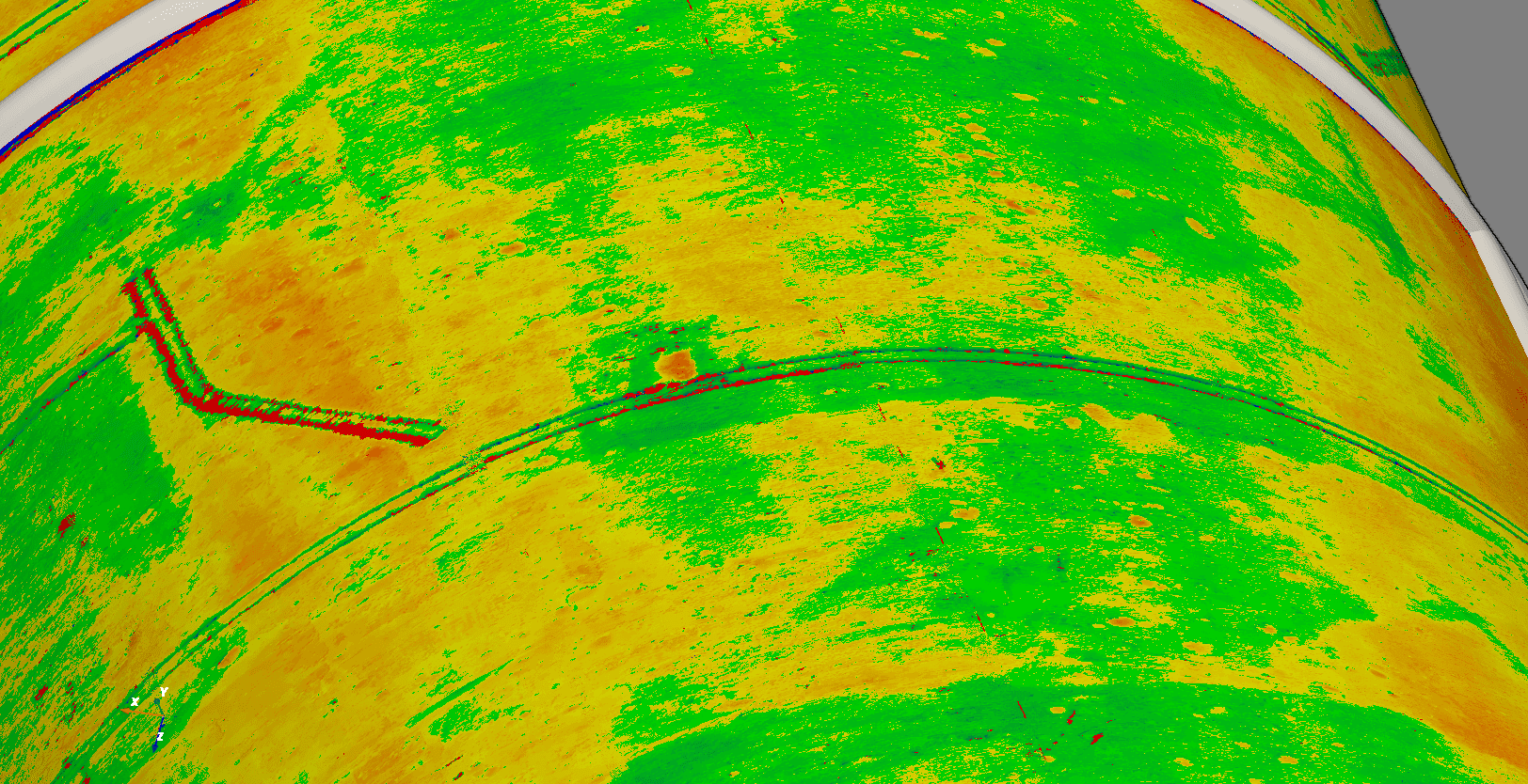 Corrosion or condition map overlaid on vessel geometry for decision context